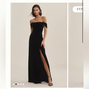 Jenny Yoo Issa Off The Shoulder Stretch Black Velvet Gown